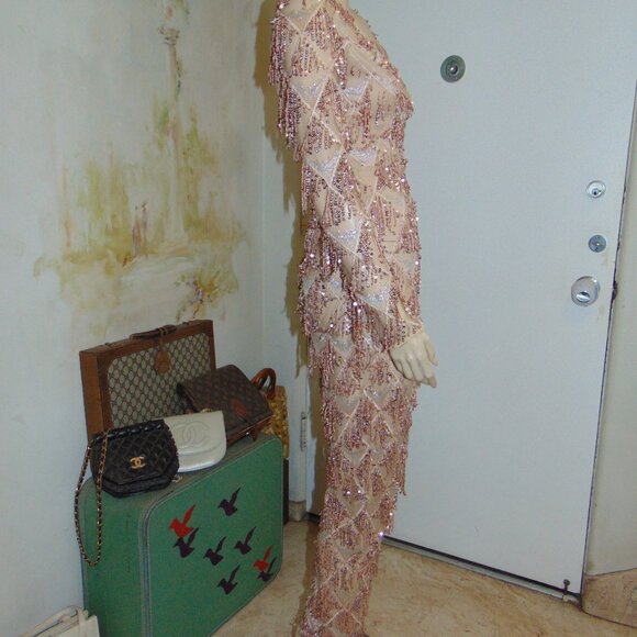 Pretty Little Thing Sequin Jumpsuit Champagne Mesh V-Neck sz 2 New Years - Picture 6 of 11